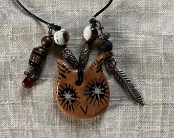 Unique SPIRIT ANIMAL OWL Porcelain Amulet or Pendant in a Leather Pouch