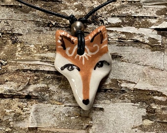 Spirit Animal FOX Porcelain PENDANT or Amulet strung on Black Leather