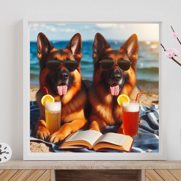 German Shepherd Alsatian friends relaxing on the beach Digital Images fun, photos, prints, home decor, gifts, art funny