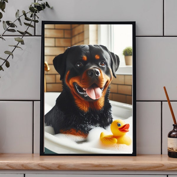 Rottie in the bath with rubber duck, cute, having fun, Rottweiler Dog Gift Cute Dog Lovers