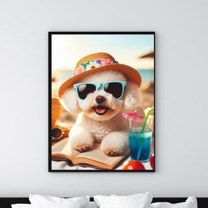 Bichon Frise relajándose en la playa, gafas de sol lindas, divirtiéndose, Dog Gift Cute Dog Lovers