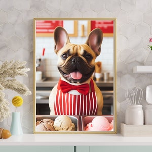 Bulldog Francês pronto para lhe servir sorvete em novo emprego no salão, fofo, se divertindo, Dog Gift Cute Lovers, Impressão Digital