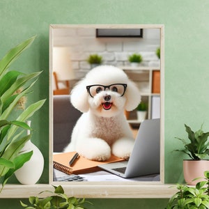 Bichon Frise looking cute working in the office, having fun, Dog Gift Cute Dog Lovers, dog accessories, dog art, dog prints, doggo