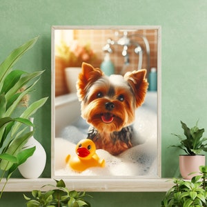 Yorkshire Terrier in the bath with rubber duck, cute, having fun, Dog Gift Cute Dog Lovers