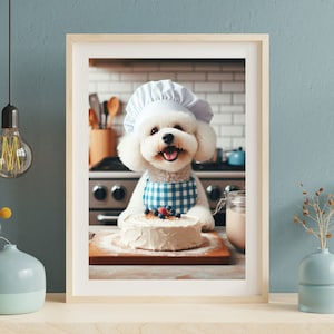 Bichon Frise horneando un pastel en la cocina, usando un lindo delantal y un gorro de chef, lindo, divirtiéndose, Dog Gift Cute Dog Lovers