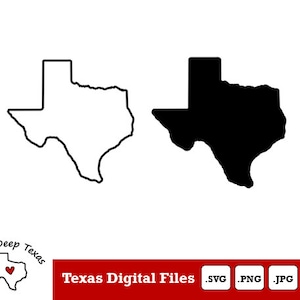 May include: Black and white outline of the state of Texas with the text "Rollin' Deep Texas" and a red heart in the center of the state. The text "Texas Digital Files" is below the outline with the file types "SVG, PNG, JPG, AI" listed to the right.