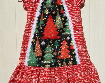 Christmas Trees of Red and Green with Christmas Wishes Text, Cotton Peasant Dress, Child Size 4