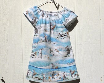 Rabbits Winter Fun Peasant Dress, Cotton Toddler Dress Size 4, Rabbits, Fox and Mouse Playing in Snow Dress