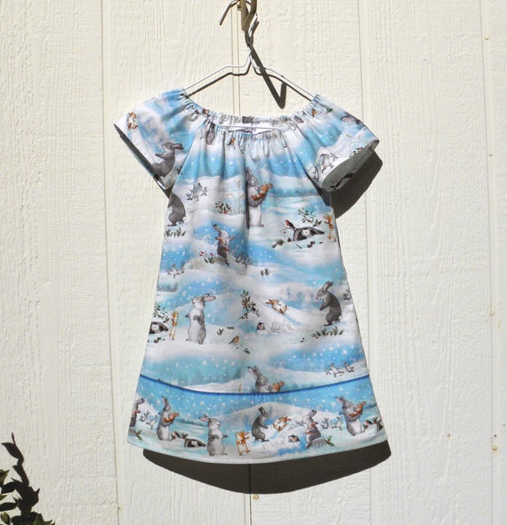 navy blue dress for baby girl Rabbits Winter Fun Peasant Dress, Cotton Toddler Dress Size 4, Rabbits, Fox and Mouse Playing in Snow Dress