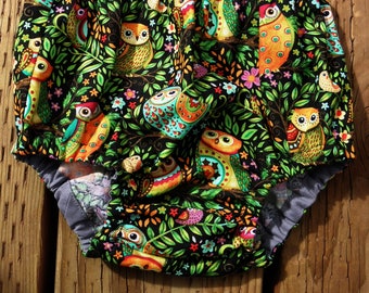 Owls, Brightly Colored on Black Cotton Diaper Cover, Size 6 Months, Baby Bloomers