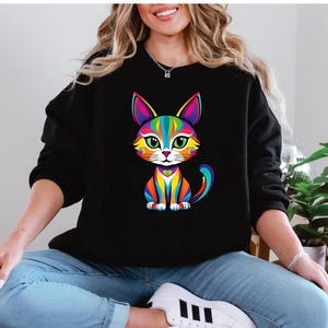 Colorful Cat Sweatshirt, Cat Lover Jumper, Cute Kitty Pullover, Fun Feline Crewneck, Vibrant Pet Graphic Top, Whimsical Cat Jumper, Cat Top