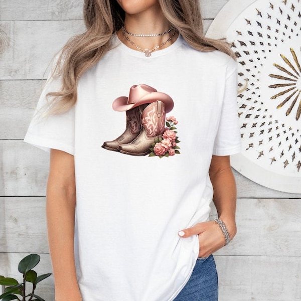 Cowboy Boots T-Shirt, Cowboy with hat T-Shirt, Pink Cowboy boots T-shirt, Western Style T-Shirt, Cowgirl T-shirt, Wild West T-shirt