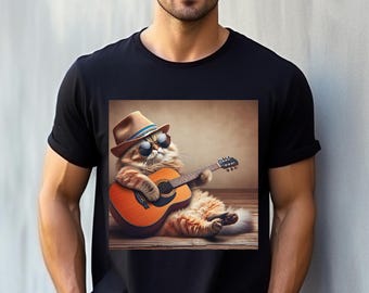 Katt-T-shirt, Katt som spelar gitarrmusik, Kattfestival-T-shirt, Musikkonsert-T-shirt, Katt i solglasögon-T-shirt, Kattälskare-Gift, Gitarr-T-shirt