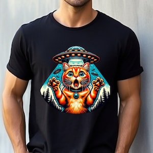 Cat UFO T-Shirt, Fun Cat T-Shirt, Cat & UFO Shirt, Cat Gift T-Shirt, Funny Ginger Cat