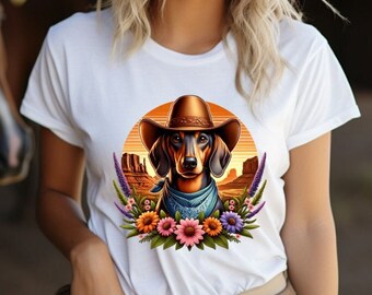 Teckel T-shirt, teckel Cowboy T-shirt, schattige worst hond Tee, teckel vakantie T-shirt, teckel cadeau T-shirt, hond wandelen T-shirt