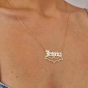 Custom Bat Name Necklace,Halloween Dainty Bat Necklace,14k Gold-Plated Bat Necklace, Bat Wings Name Necklace, Gifts For Bat Lover