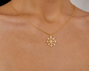 Dainty Spider Web 14k Gold Plated Necklace for Halloween, 925 Silver Spider Web Pendant Necklace, Cobweb necklace, Halloween Necklace