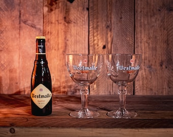 Westmalle Bierglazen: 2 Originele Belgische Bierglazen Westmalle 33 cl / Westmalle geschenkglas, Westmalle bier aanwezig