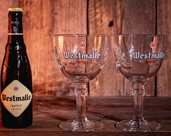 Westmalle Bierglazen: 2 Originele Belgische Bierglazen Westmalle 33 cl / Westmalle geschenkglas, Westmalle bier aanwezig