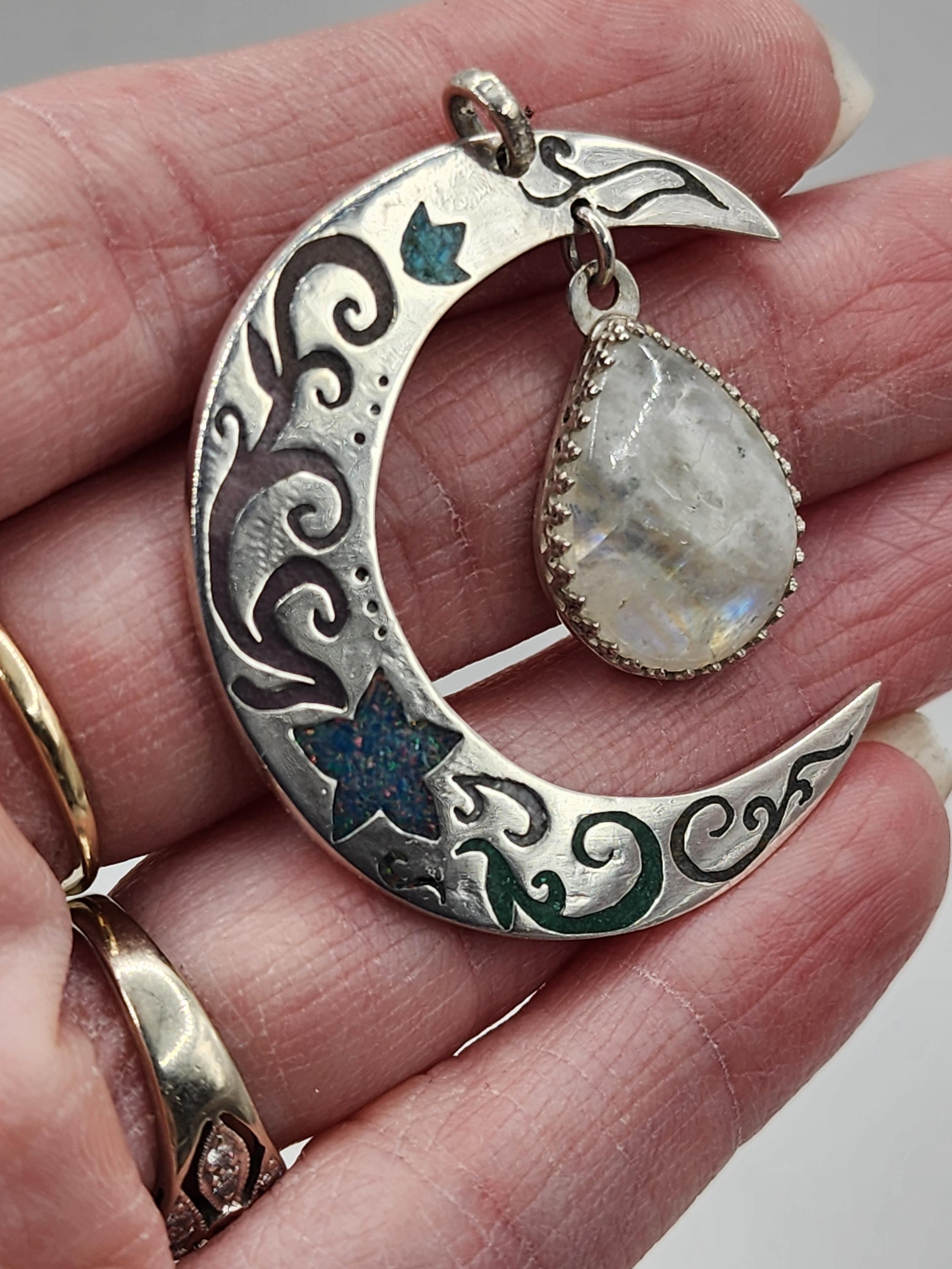 Handmade Sterling Silver Crescent Moon Chip Inlay Moonstone Dangle ...