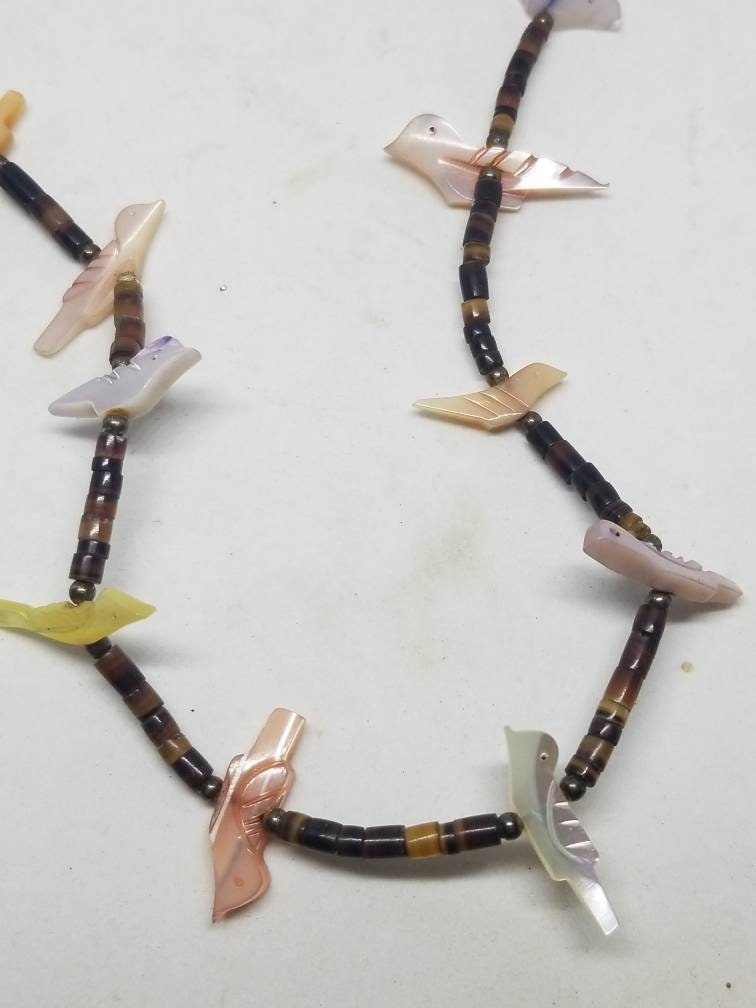 Vintage Zuni Carved Mother of Pearl Bird Fetish Heishi Shell