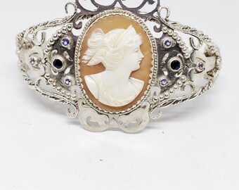 Handmade Sterling Silber antiker Stil Manschette Armband echtes antikes Cameo blau & rosa Sapphire Tansanit filigrane Manschette Armband