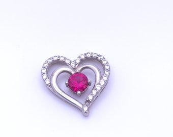 Vintage SUN 925 Sterling Silber Doppelherz-Anhänger mit Schiebeverschluss, rosa-rotem Rubin und Zirkonia, offene Herzen, Schmuckstück aus einem Nachlass, Vintage-Retro-Stil, Geschenk unter 40 Jahren