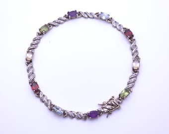 Vintage DL 925 Sterling Silber Tennisarmband mit mehreren Edelsteinen, S-Glieder, 19 cm (7,5 Zoll), 8,57 g, Amethyst, Blautopas, Granat, Peridot, Citrin, Feiner Schmuck
