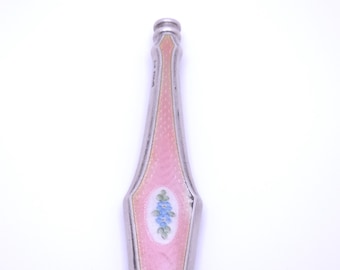 Antiker Foster & Bailey Griff aus 925er Sterlingsilber mit rosa Guilloche-Emaille, ca. 1890er Jahre, viktorianisches Vergissmeinnicht-Blumen-Schminktisch-Element im Jugendstil
