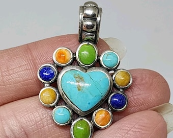 Vintage Sterling Silber Herzanhänger mit Türkis, Gaspeit und Lapislazuli, Naturstein-Cabochons, Südwestlicher Stil der amerikanischen Ureinwohner
