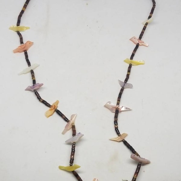 Vintage Zuni Carved Mother of Pearl Bird Fetish Heishi Shell Necklace Sterling Silver Native American Genuine Stone 24"