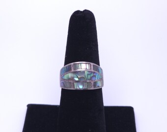 Vintage Marsala 925 Sterling Silber Mosaikring mit Abalone-Muschel-Einlage, konisch zulaufendes Band, geometrisches Ziegelmuster, Art-déco-Stil, Größe 8, feines Nachlassgeschenk