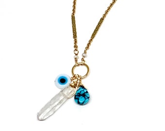 Protection Amulet Necklace - 14k GF evil eye turquoise and quartz