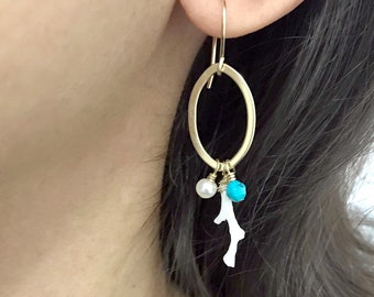 Coral charmed 14k GF Hoop earrings with Fresh Water Pearls and Turquoise Tropical Summer beach resort wear