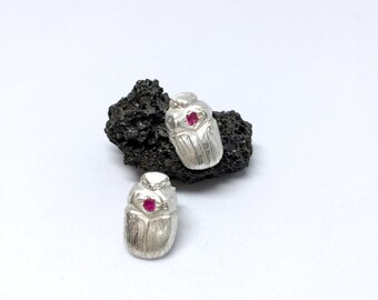 Fine silver Love bug Jeweled Scarab Earrings with Sterling silver posts and Rubies