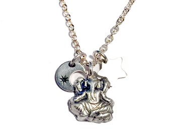 Celestial Talisman Sterling Silver Necklace - Fine silver Ganesha, Moon, Star Sterling silver