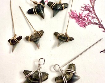 7 14k Goldfilled and sterling silver wire wrapped miocene shark teeth