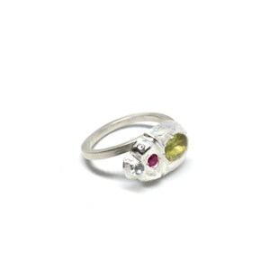 May include: A silver ring with a green and red gemstone setting. The ring is designed to look like a beetle.