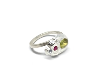 Love bug Jeweled Scarab .999 fine silver with Peridot, Aquamarine and Ruby on argentium silver adjustable band