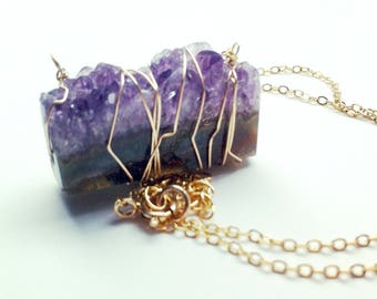 14k GF wrapped Amethyst slice necklace