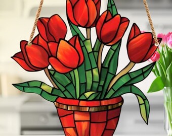 Suncatcher Red Tulip Flowers, Tulip Flowers Acrylic Window Hanging Art Decoration, Tulip Ornament, Gift for her, Mom, Perfect for gifts_02