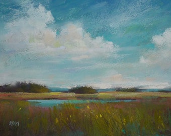 Marsh with Creek Landscape Blue Sky  Original Pastel Painting 9x12