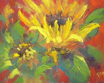 Original Pastel Contemporary RED Sunflowers 9x12 by Karen Margulis psa