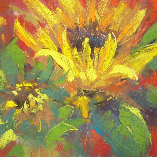 Original Pastel Contemporary RED Sunflowers 9x12 by Karen Margulis psa