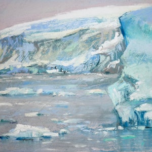 ANTARCTICA Art Icebergs Gentoo Penguins Original Pastel Painting Karen Margulis 7.5x13