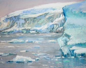 ANTARCTICA Art Icebergs Gentoo Penguins Original Pastel Painting Karen Margulis 7.5x13