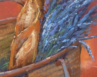 France Still Life with Lavender and Baguette Provence Original Pastel Painting 12x9