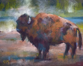 YELLOWSTONE Bison National Park animal art 9.5 x 12.5   Original Pastel Painting