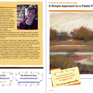 May include: A pastel painting of a landscape with a river, trees, and a field. The painting is on a light brown background. The text "A Simple Approach to a Pastel Painting" is at the top of the image. The text "A demonstration of a simple landscape painted on Sgom paper" is at the bottom of the image.