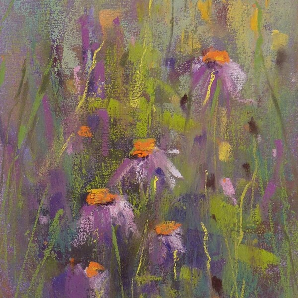 Purple Coneflowers Wildflowers  Original Pastel Painting Karen Margulis 5x7